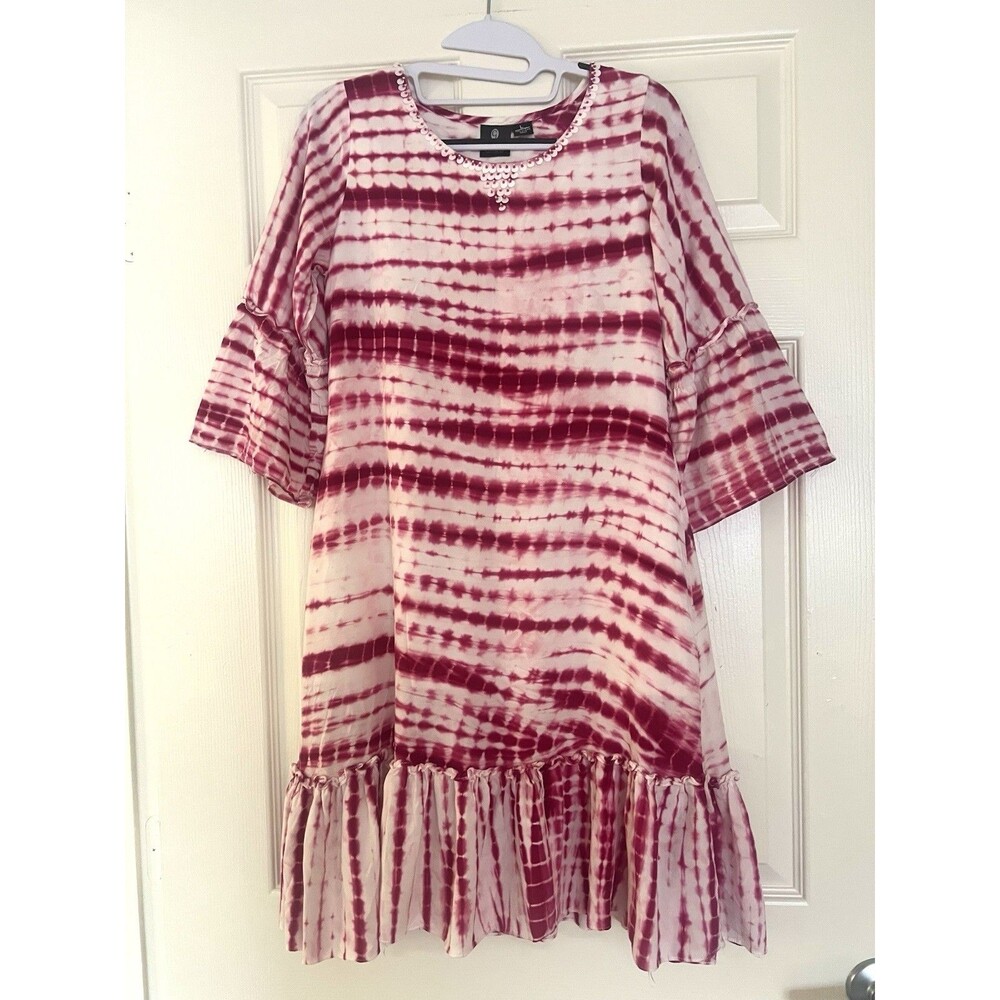 Garb Womens Size L Midi Dress Magenta White Tie Dye Embellished Boho Peasant